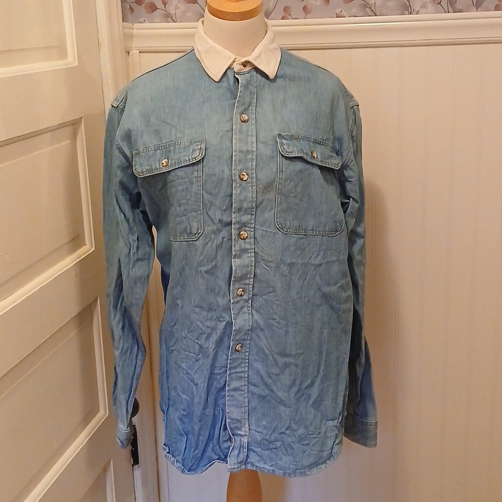 Vintage Denim Button-Up Shirt with White Collar